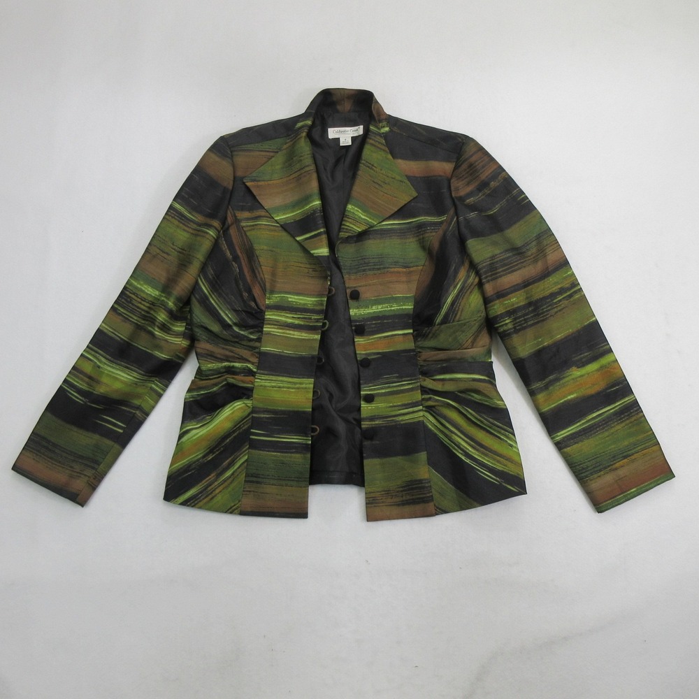 Coldwater Creek Blazer 8 Green Brown Abstract Stripe Lined Ruched Jacket